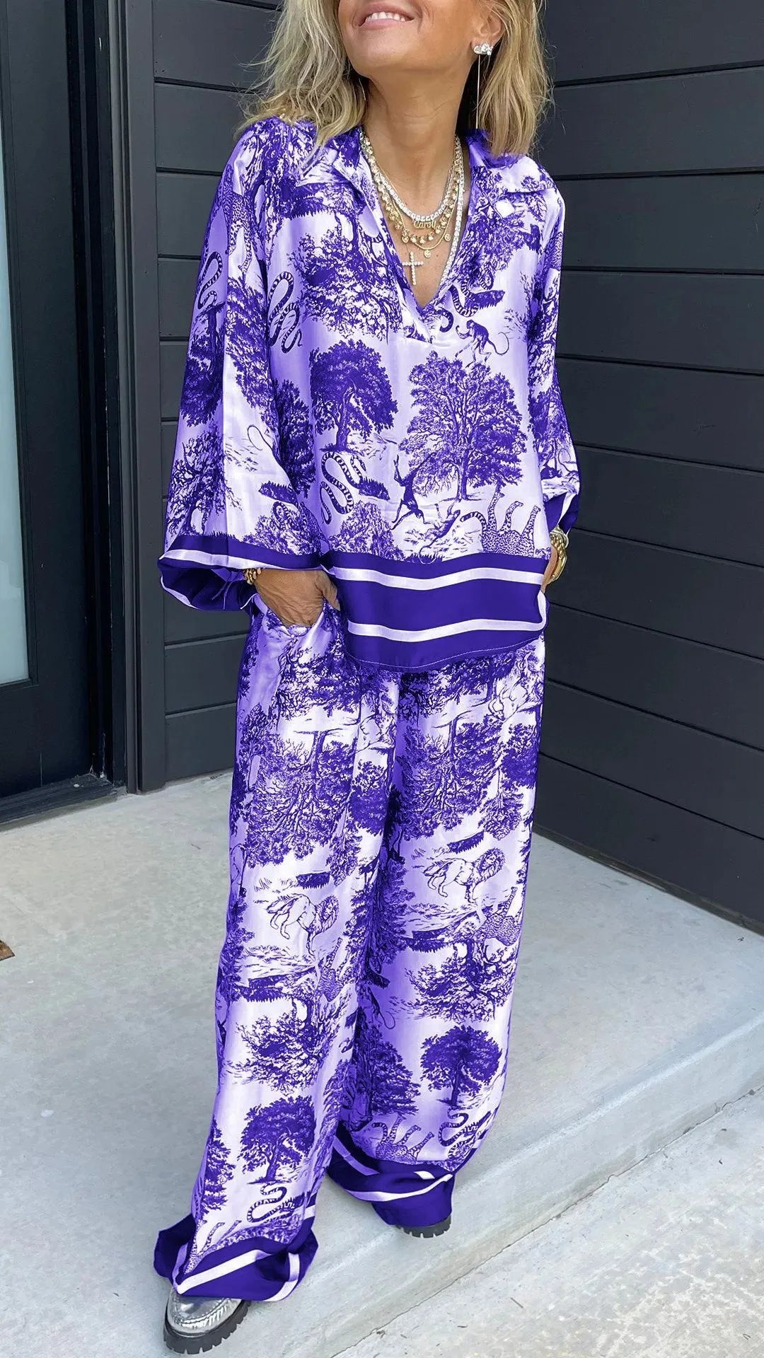 Women's Casual V-Neck Printed Long-Sleeve Two-Piece Set with Pockets - Nordfashionstorm - Women's Clothing, Fashion for You - Nordfashionstorm.com