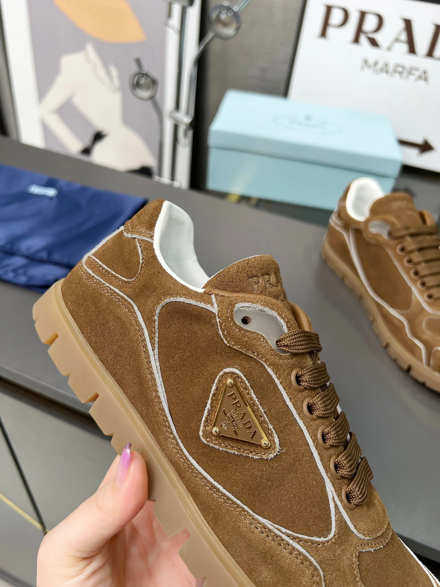 Prada Unisex Sneakers Triangle Logo Suede Luxury Sneakers - Sneaker Replica Workshop