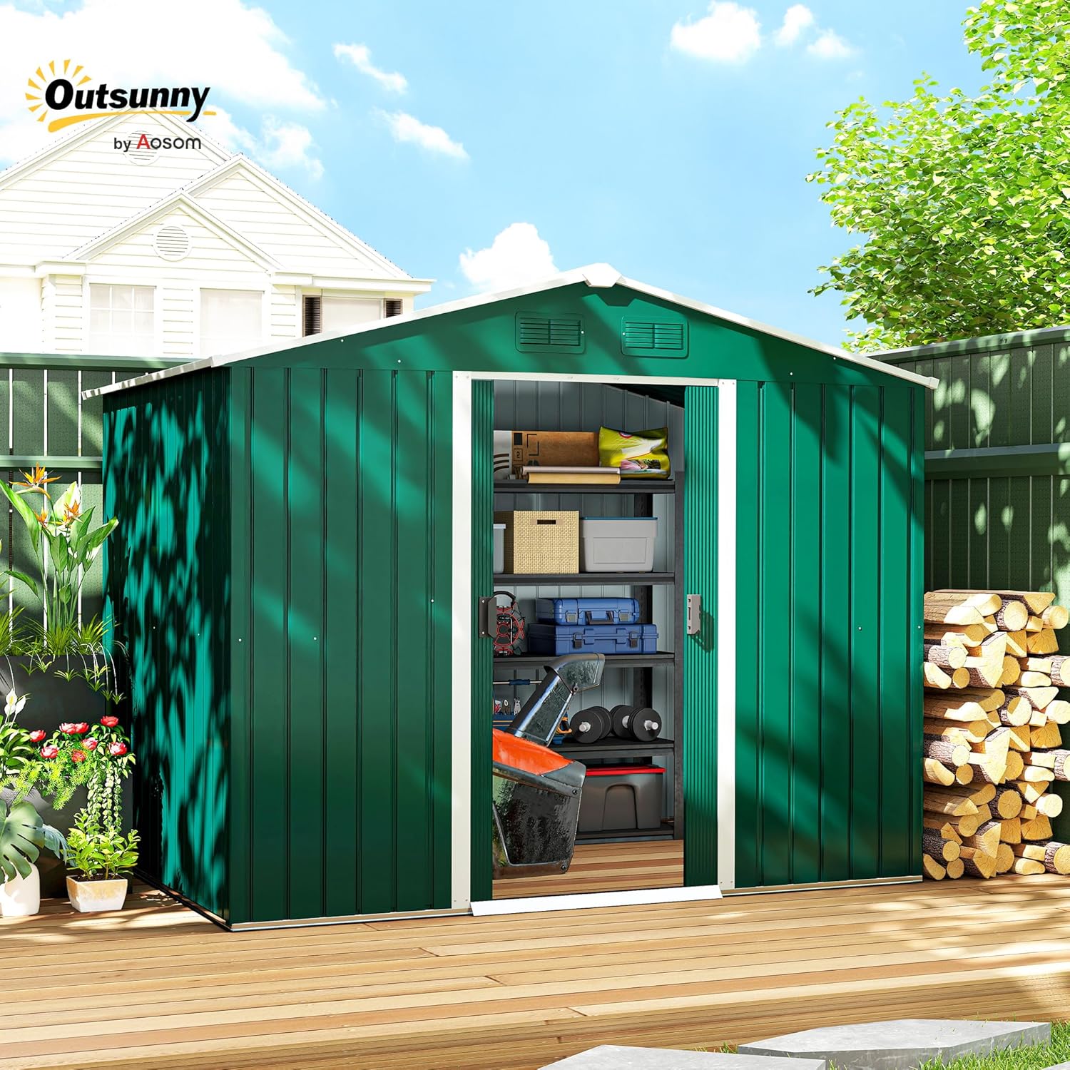Outsunny Casetta da Giardino 3.6m² in Acciaio Zincato con Prese d'Aria, Capanno da Giardino con Tetto Inclinato, Doppie Porte Scorrevoli Bloccabili, Capanno Porta Attrezzi, 236x174x190cm, Verde