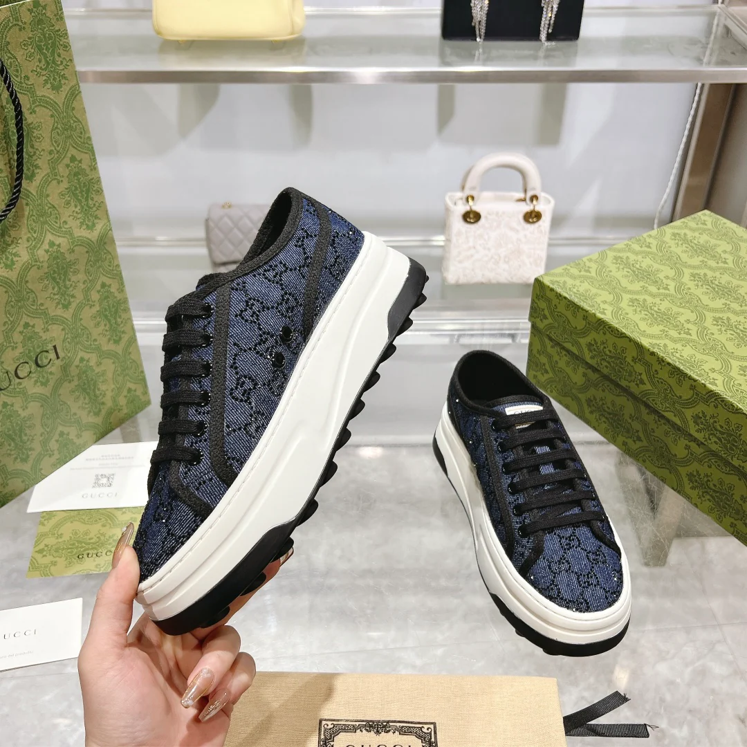 Gucci TENNIS 1977 Women's Denim Platform Sneakers With GG Motif - Sneaker Replica Workshop