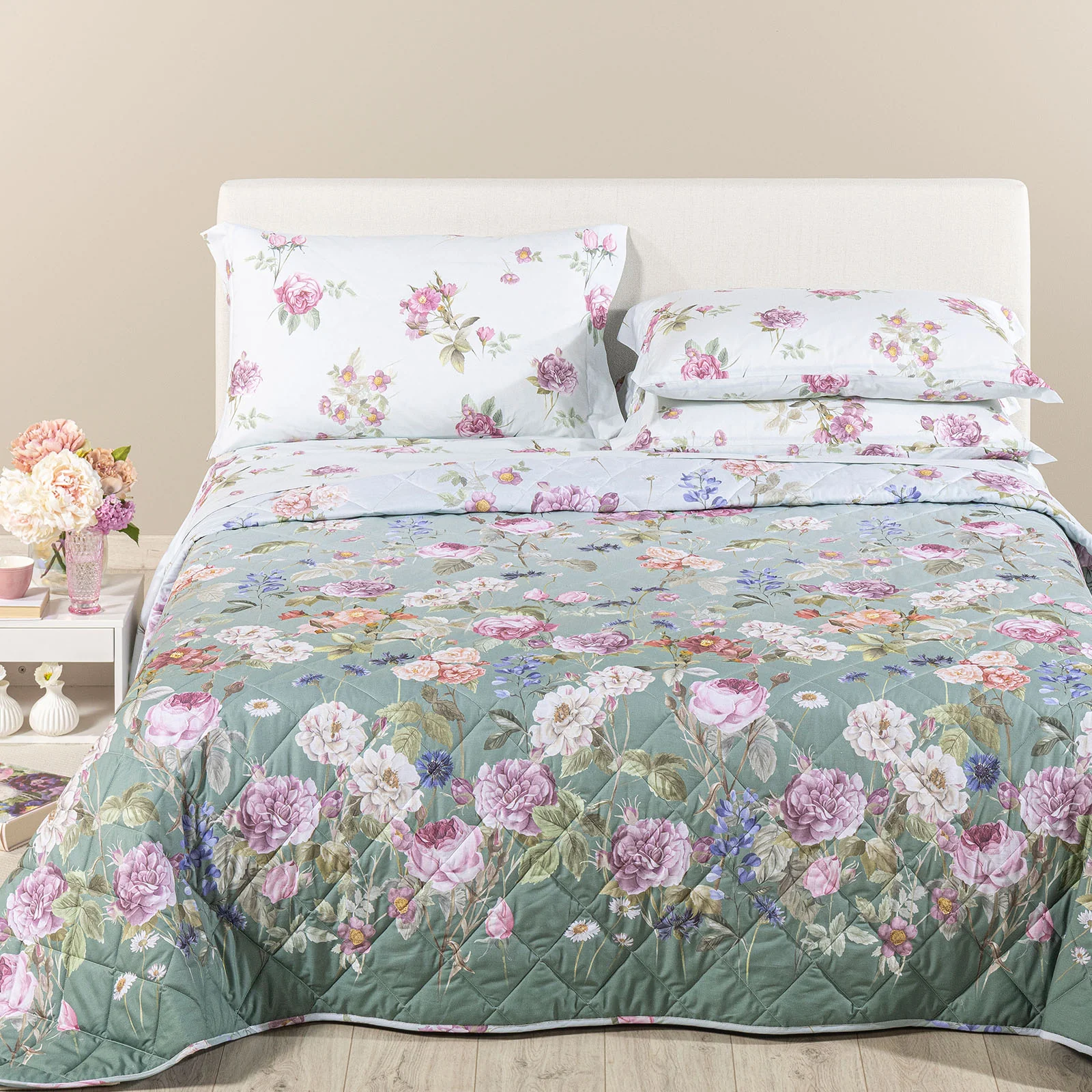 Copriletto Trapuntato In Cotone Giardino Romantico Matrimoniale Giada Caleffi