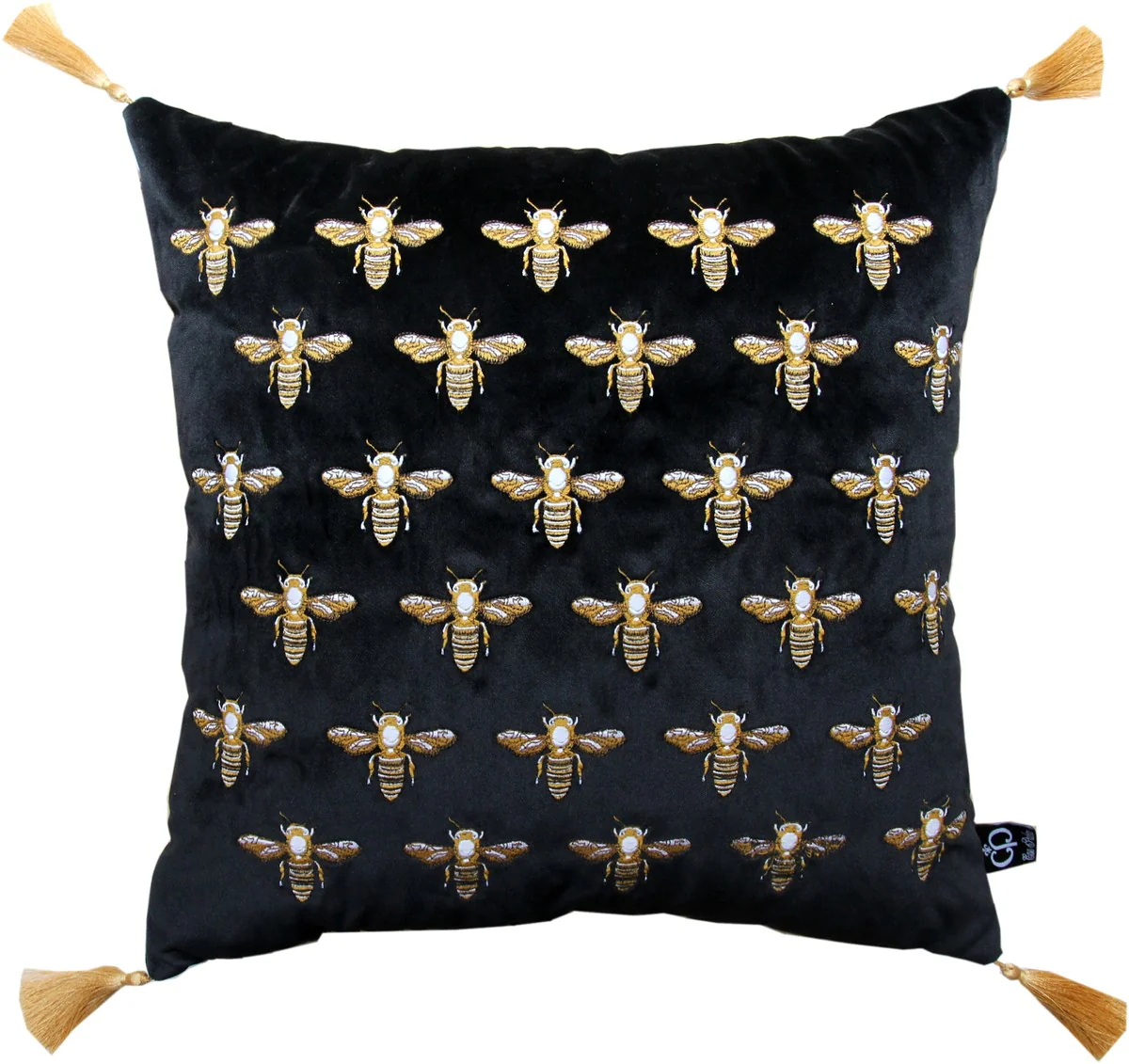 Luxury decorative cushion with tassels Bees black / gold 45 x 45 cm - Finest velvet fabric - Luxury decorative accessories