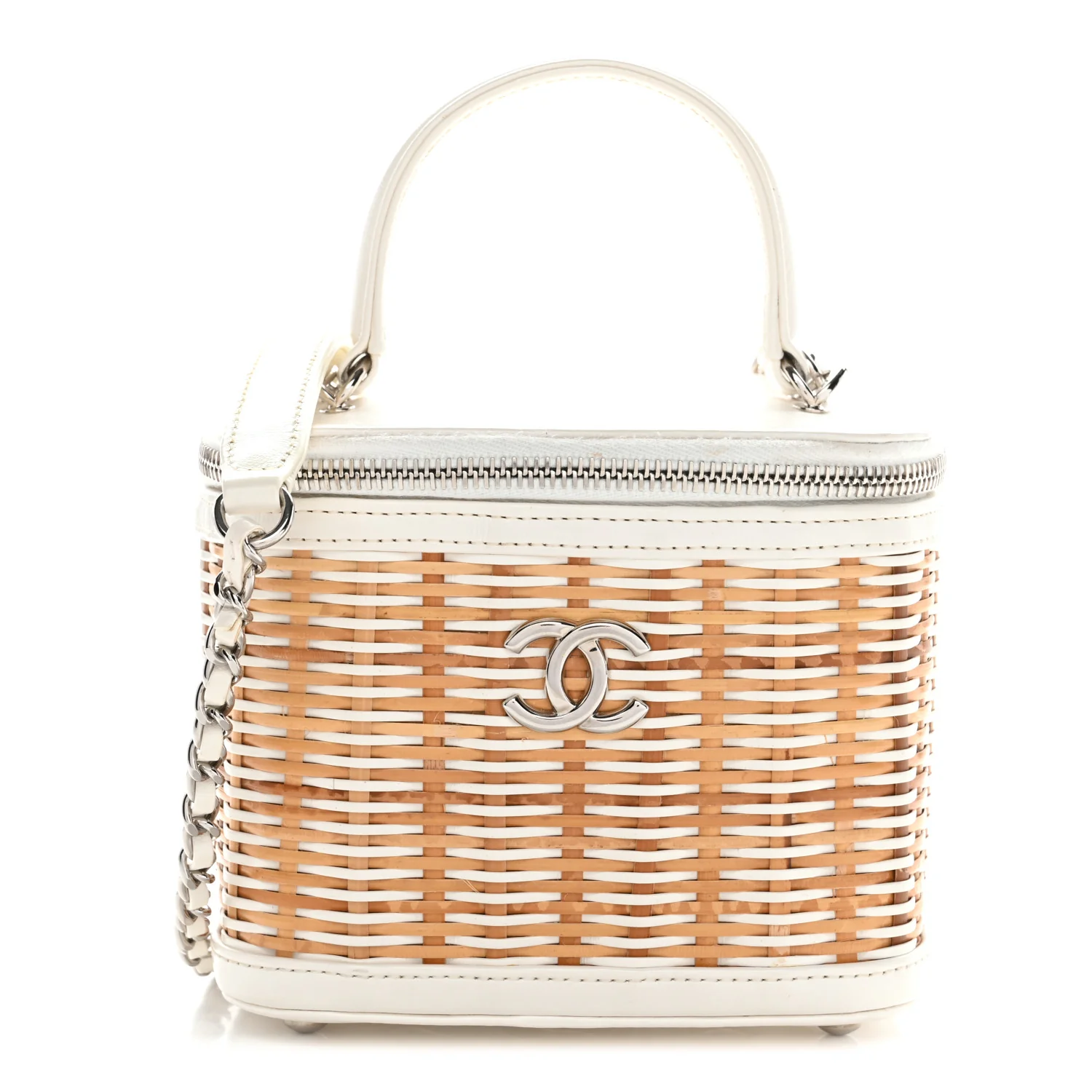 Calfskin Raffia Small Vanity Case Bag White Beige - Top Club