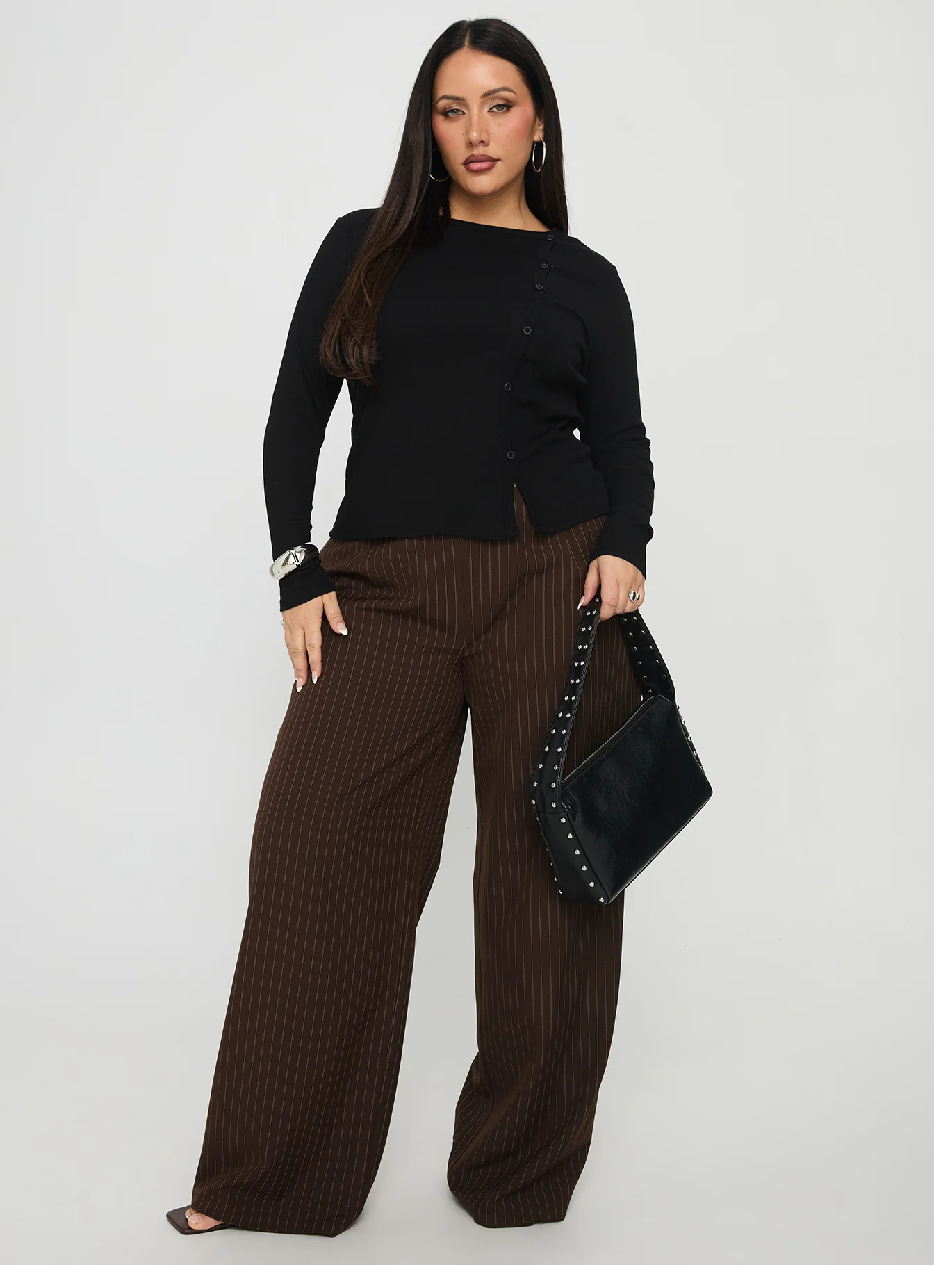 Khane Low Rise Wide Leg Pant Brown Pinstripe Curve