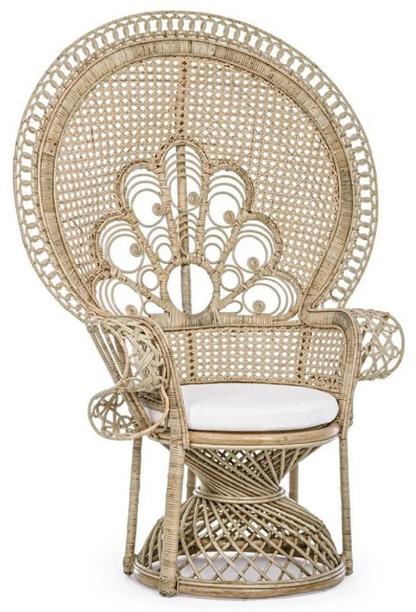 Luxury garden armchair natural color / white 106 x 71 x H. 148 cm - Vintage style rattan armchair with seat cushion - Vintage style rattan furniture - Garden & patio furniture