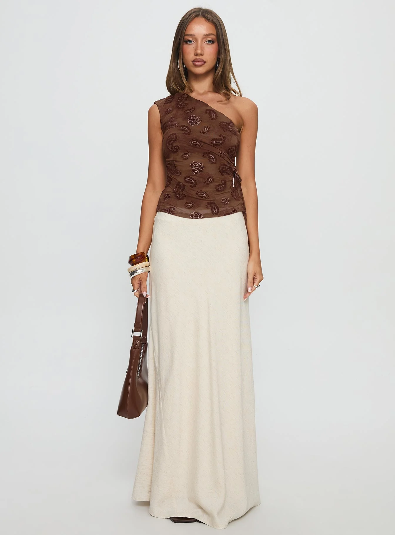 Addysin One Shoulder Top Brown Paisley