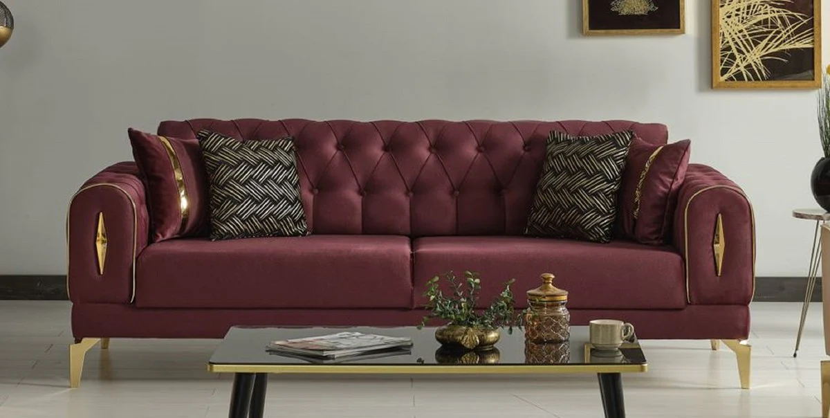 Luxury sofa bed wine red / gold 225 x 95 x H. 83 cm - Living room sofa with 4 cushions - Luxury living room furniture