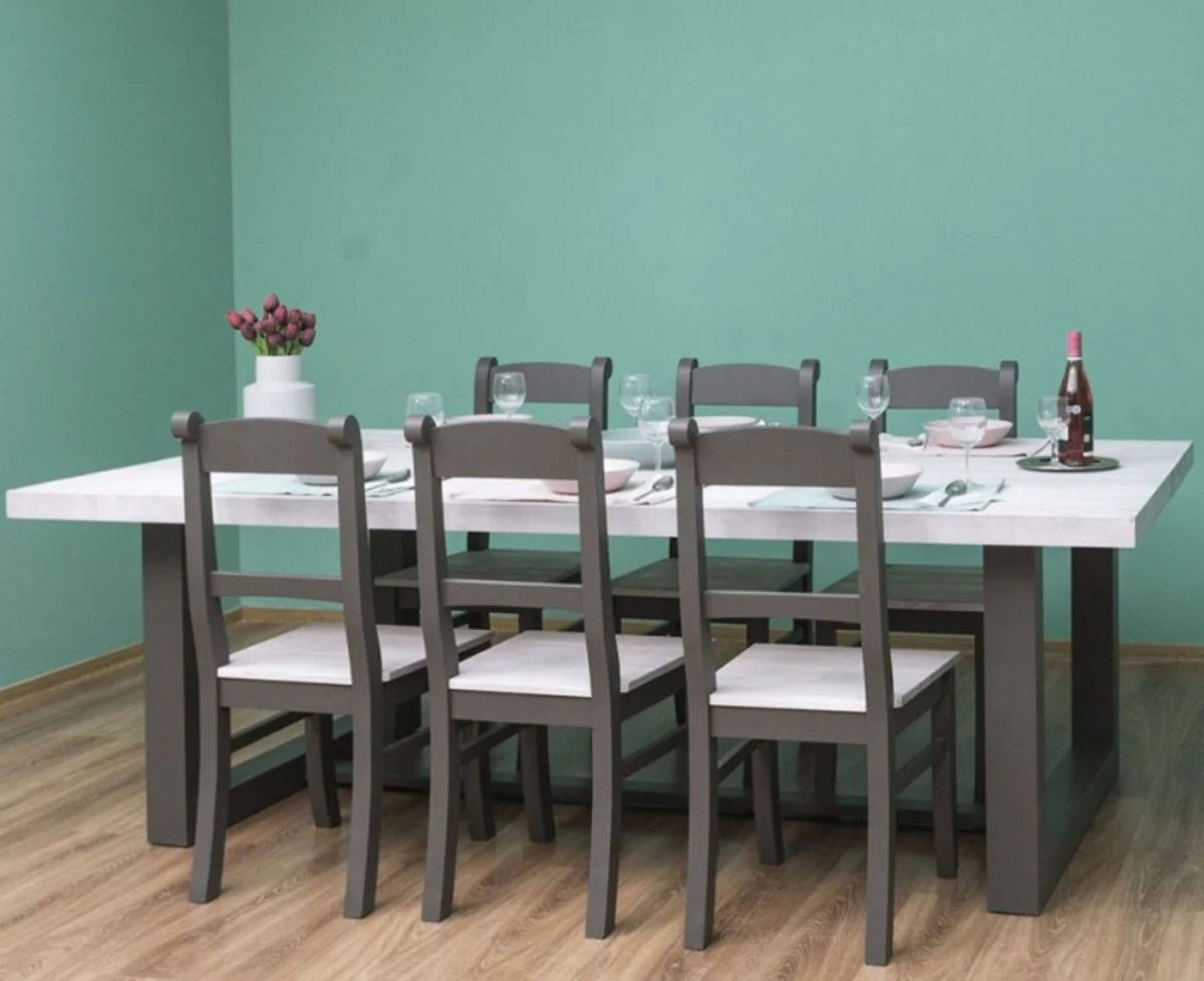 Country Style Dining Room Furniture Set Light Gray / Gray - 1 Dining Table & 6 Dining Chairs - Solid Wood Dining Room Furniture - Country Style Furniture