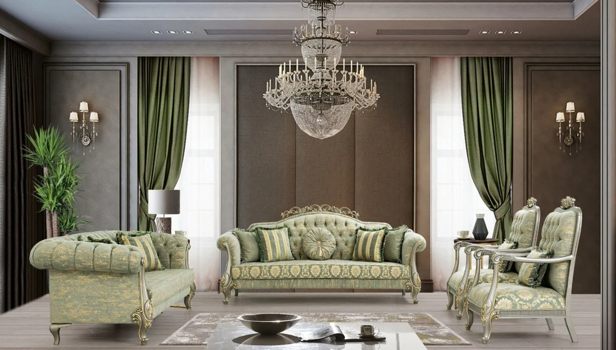 Luxury Baroque Living Room Set Green / Gold / Gray / Gold - 2 Sofas & 2 Armchairs - Living Room Furniture in Baroque Style - Noble & Magnificent