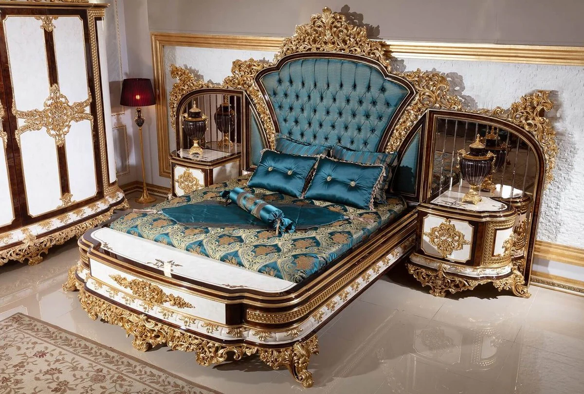 Luxury Baroque Nightstand Set White / Brown / Gold - Magnificent Solid Wood Bedside Tables - Baroque Bedroom Furniture - Noble & Magnificent