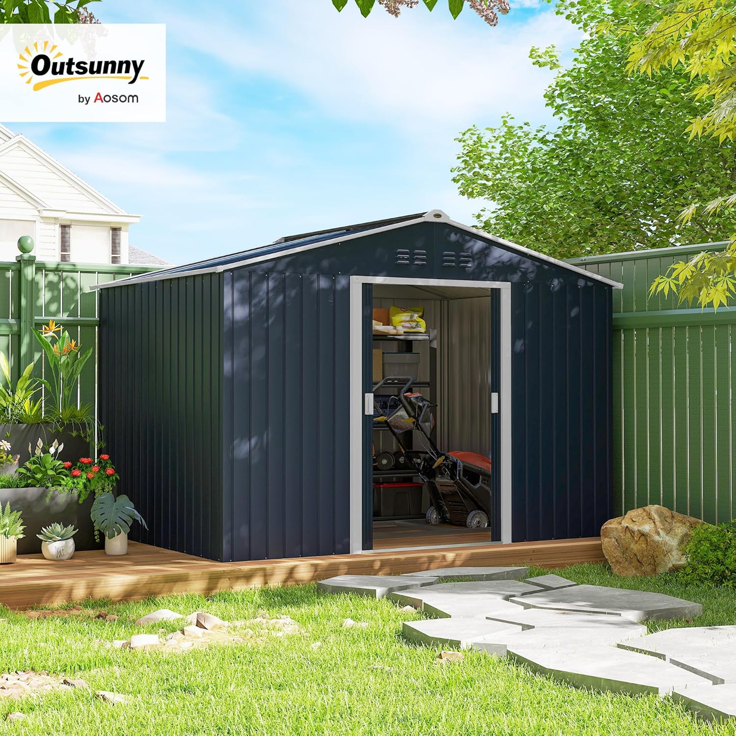 Outsunny Casetta da Giardino 5m² in Acciaio Zincato con kit Fondazione, Prese d'Aria, Capanno da Giardino con Tetto Inclinato, Doppia Porta Scorrevole Bloccabile, Capanno Porta Attrezzi, Grigio Scuro