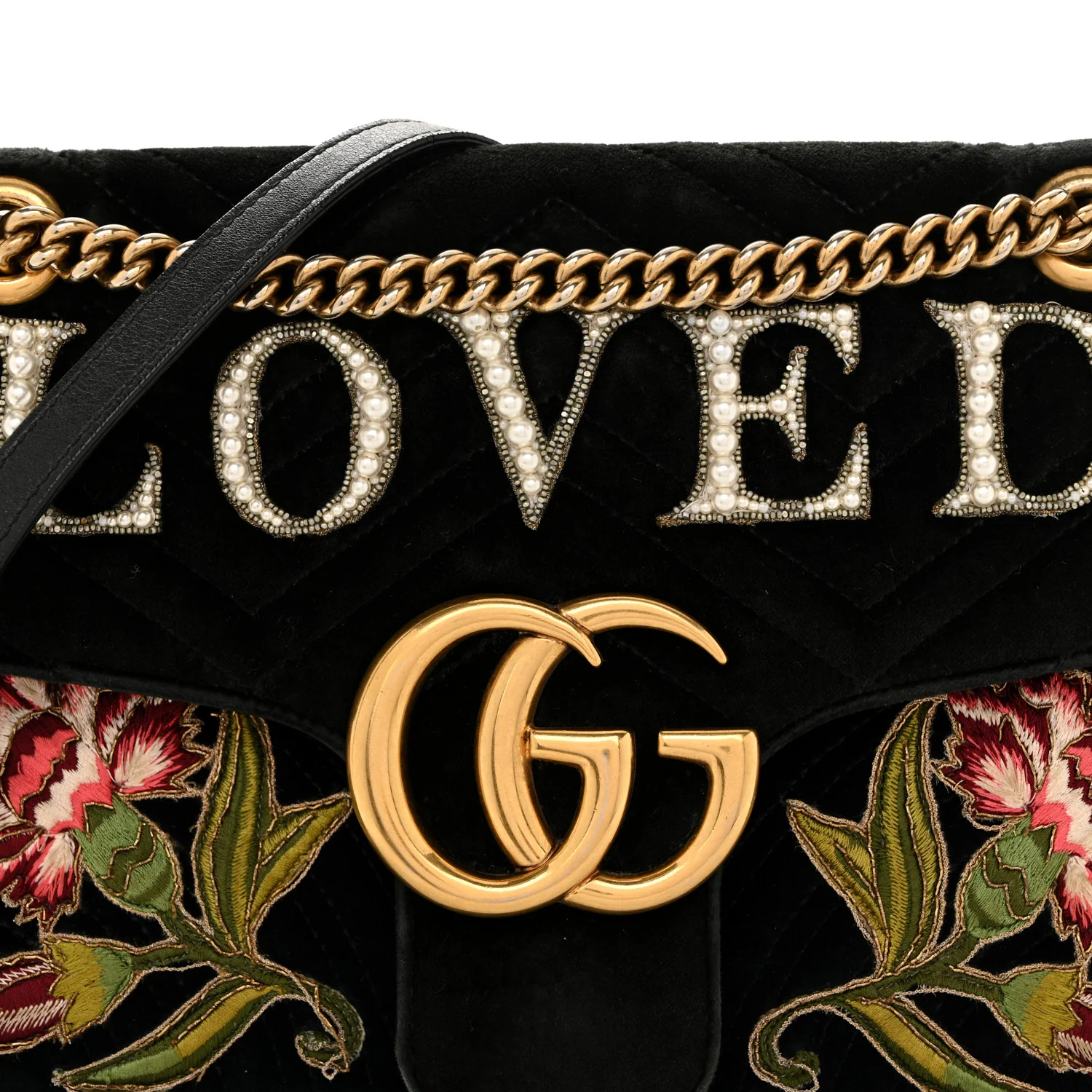 Velvet Matelasse Loved Embroidered Medium GG Marmont Shoulder Bag Black - Top Club