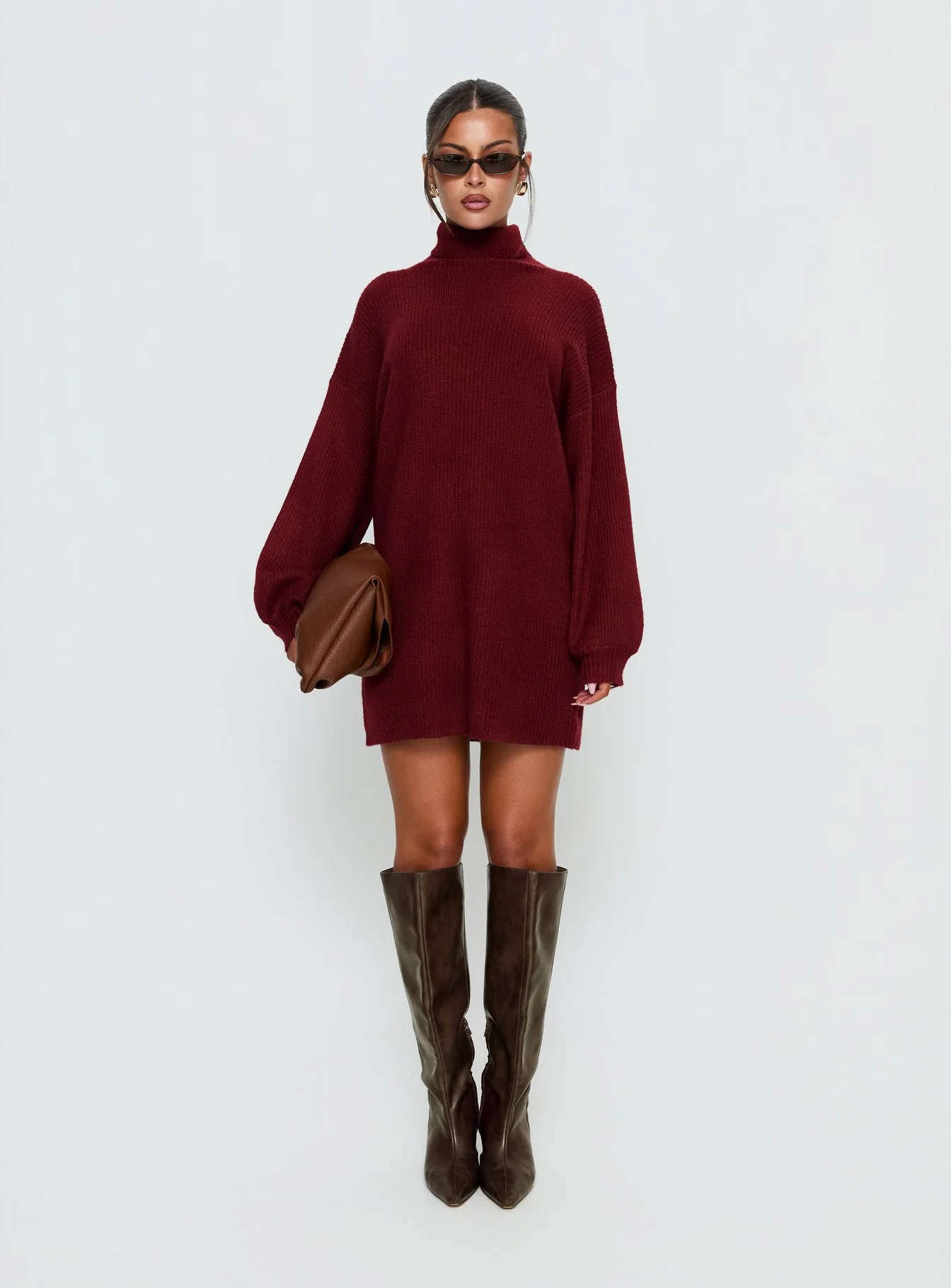 Coleena Long Sleeve Knit Mini Dress Burgundy