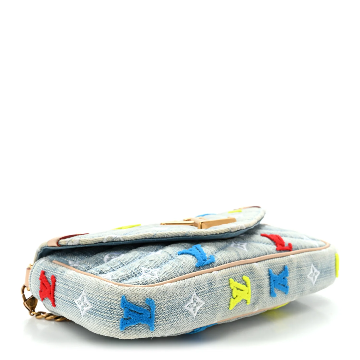 Embroidered Monogram Denim New Wave Chain Pochette Blue - Top Club
