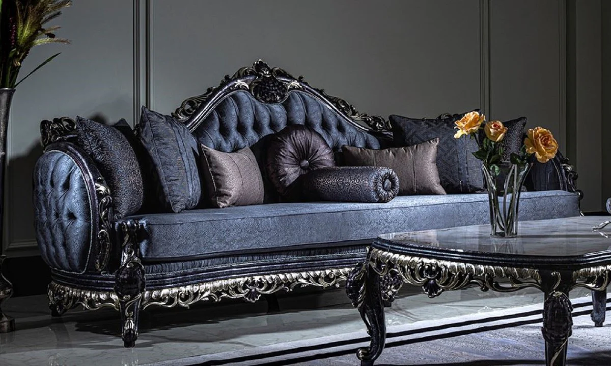 Luxury Baroque Sofa Blue / Gold - Handmade living room sofa with elegant pattern and decorative pillows - Magnificent living room furniture in baroque style