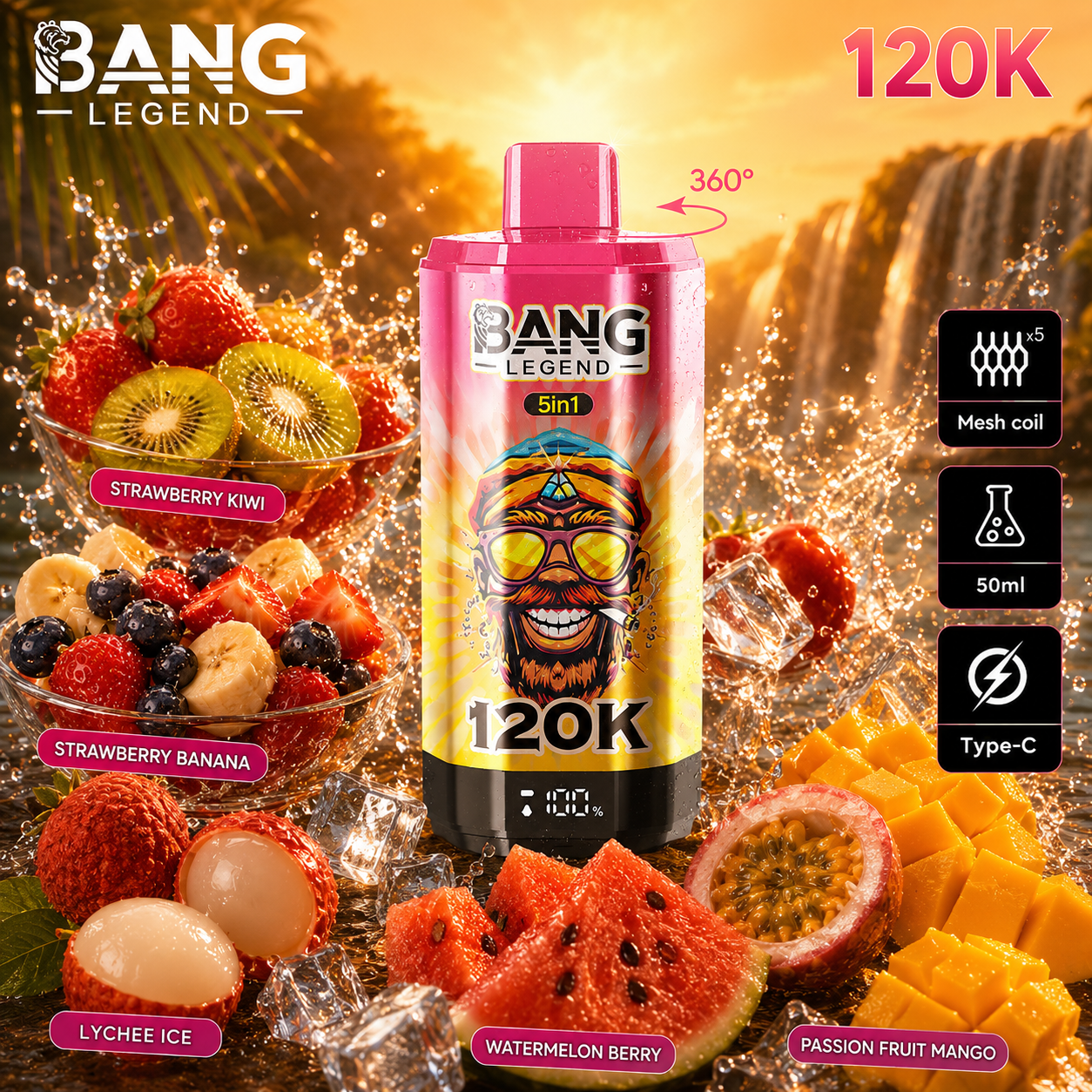 Jahoda a meloun + Cantaloupe a jablko + Ledová cola + Mango a broskev + Love 66 | Bang Legend vape 120 000 potahů