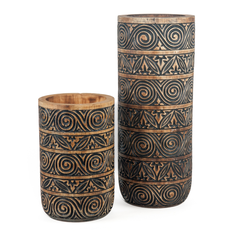Houten handgesneden vaas Tribal natural/zwart Large