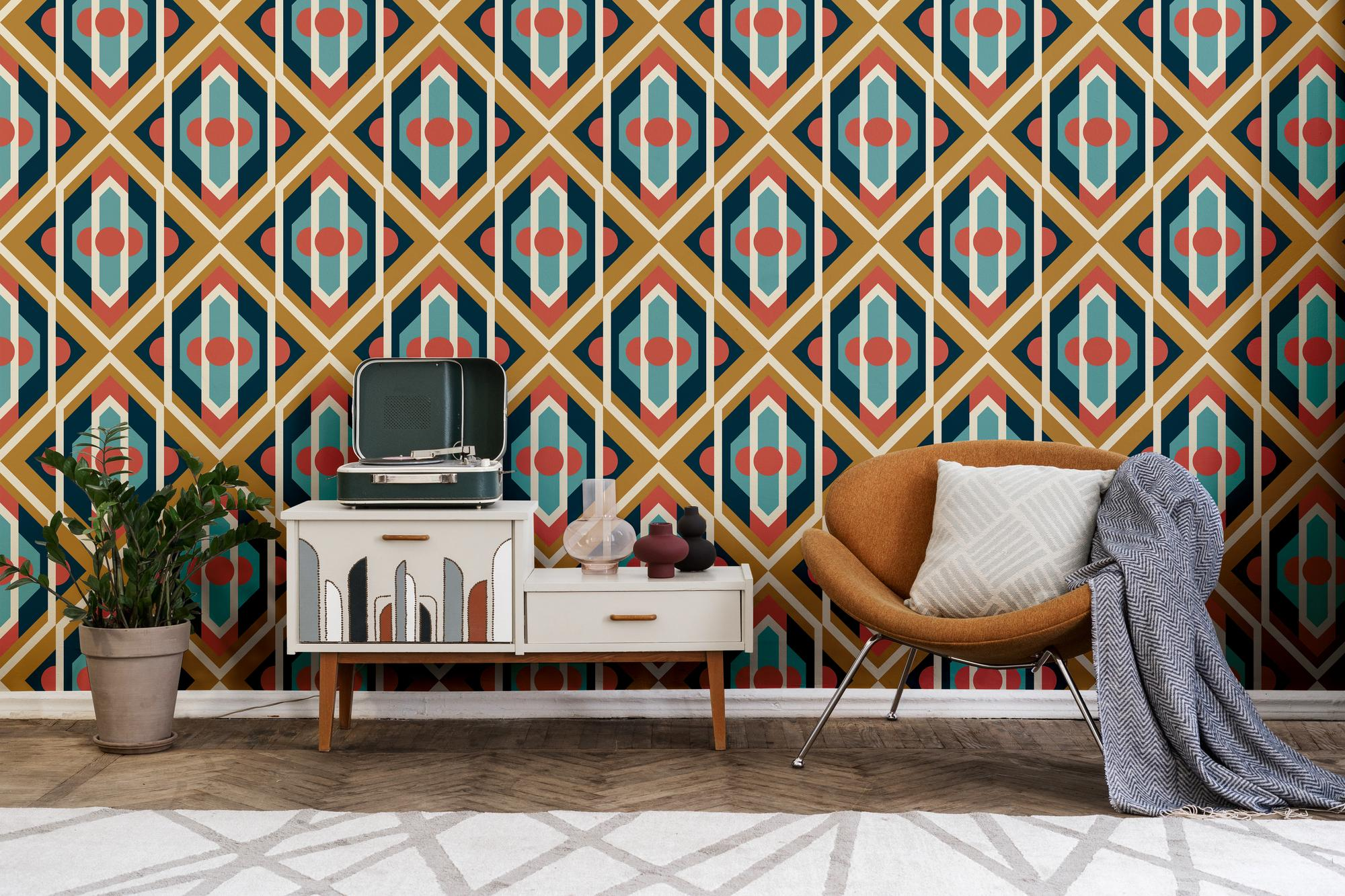 Vliesbehang geometrische ornamenten in retrostijl – blauw, geel, rood Geometrische ornamenten in retrostijl – blauw, geel, rood #1