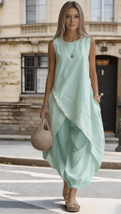 Plus Size Friendly Women's Everyday Round-Neck Linen Midi Dress with Asymmetrical Hem and Pockets - Nordfashionstorm - Women's Clothing, Fashion for You - Nordfashionstorm.com