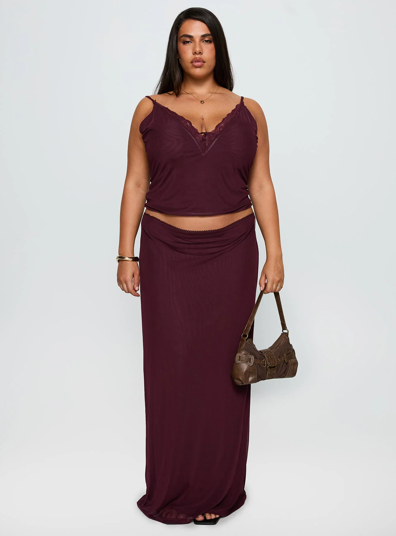Reiko Lace Trim Tie Front Maxi Set Burgundy Curve