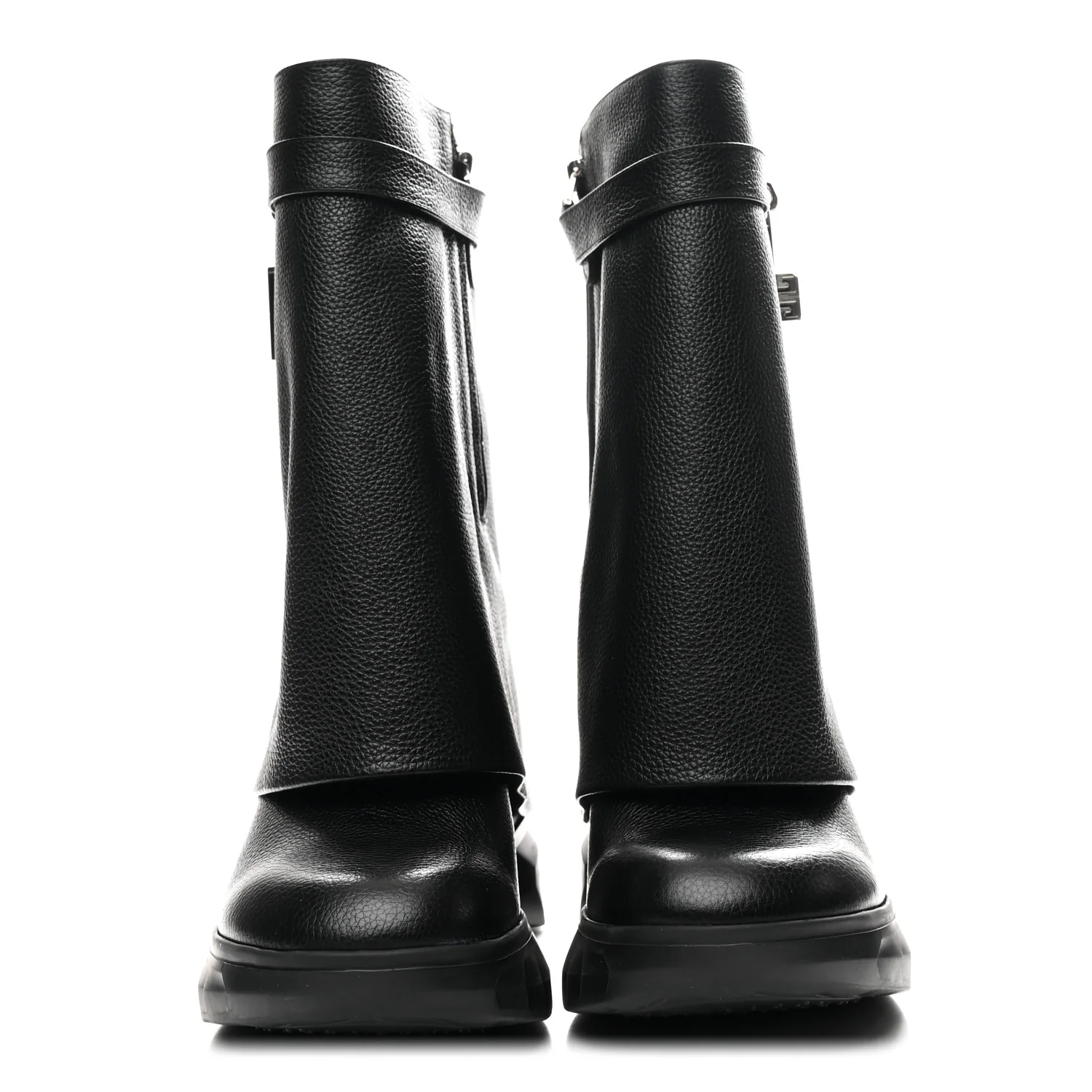 Grained Calfskin Shark Lock Biker Ankle Boots 38 Black - Top Club