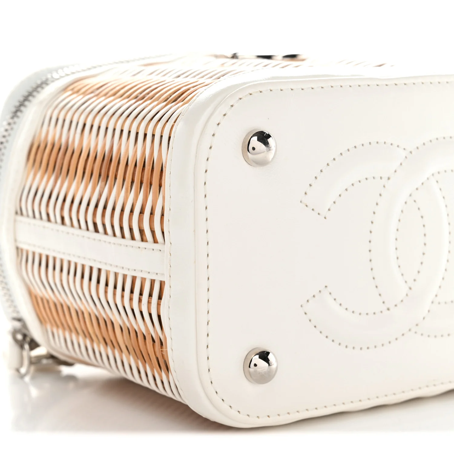 Calfskin Raffia Small Vanity Case Bag White Beige - Top Club