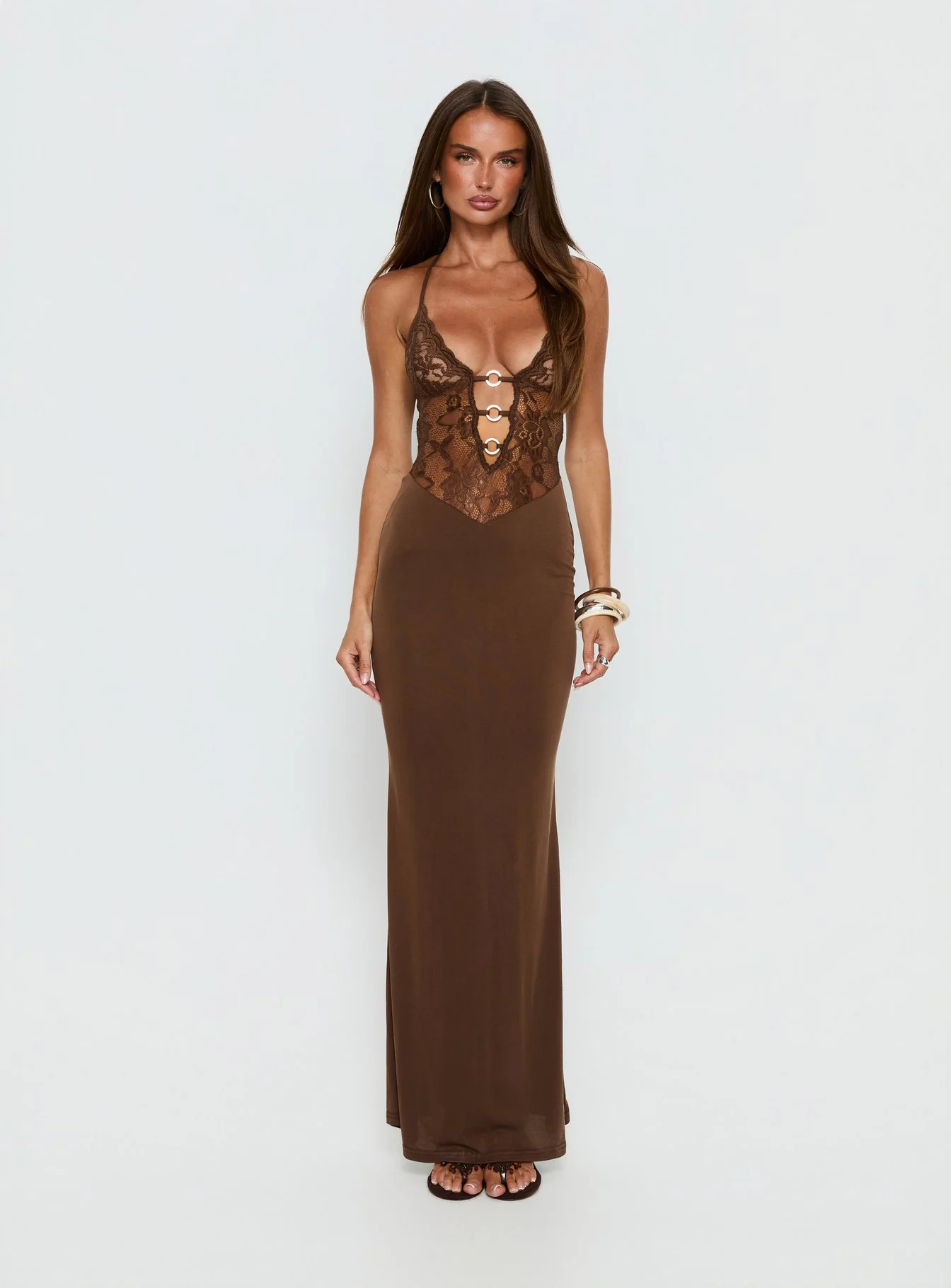 Totema Lace Halter Maxi Dress Chocolate