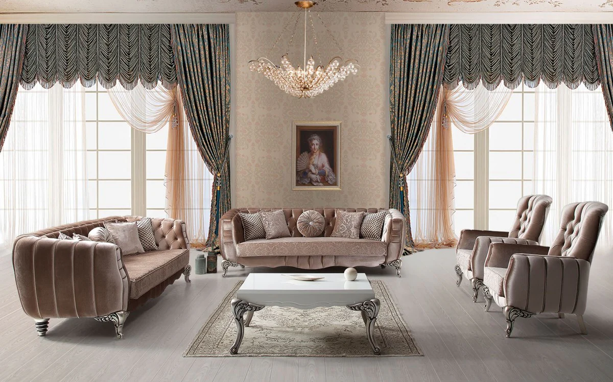 Luxury baroque living room set pink / silver - 2 sofas & 2 armchairs & 1 coffee table - Elegant living room furniture in baroque style