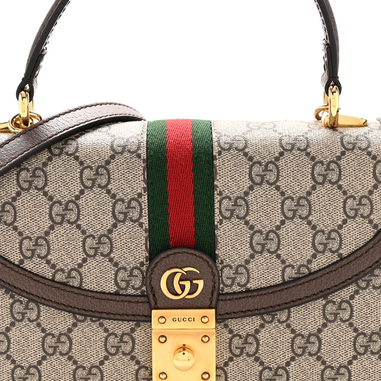 GG Supreme Monogram Textured Dollar Calfskin Web Small Ophidia Padlock Top Handle Bag Beige Ebony New Acero - Top Club