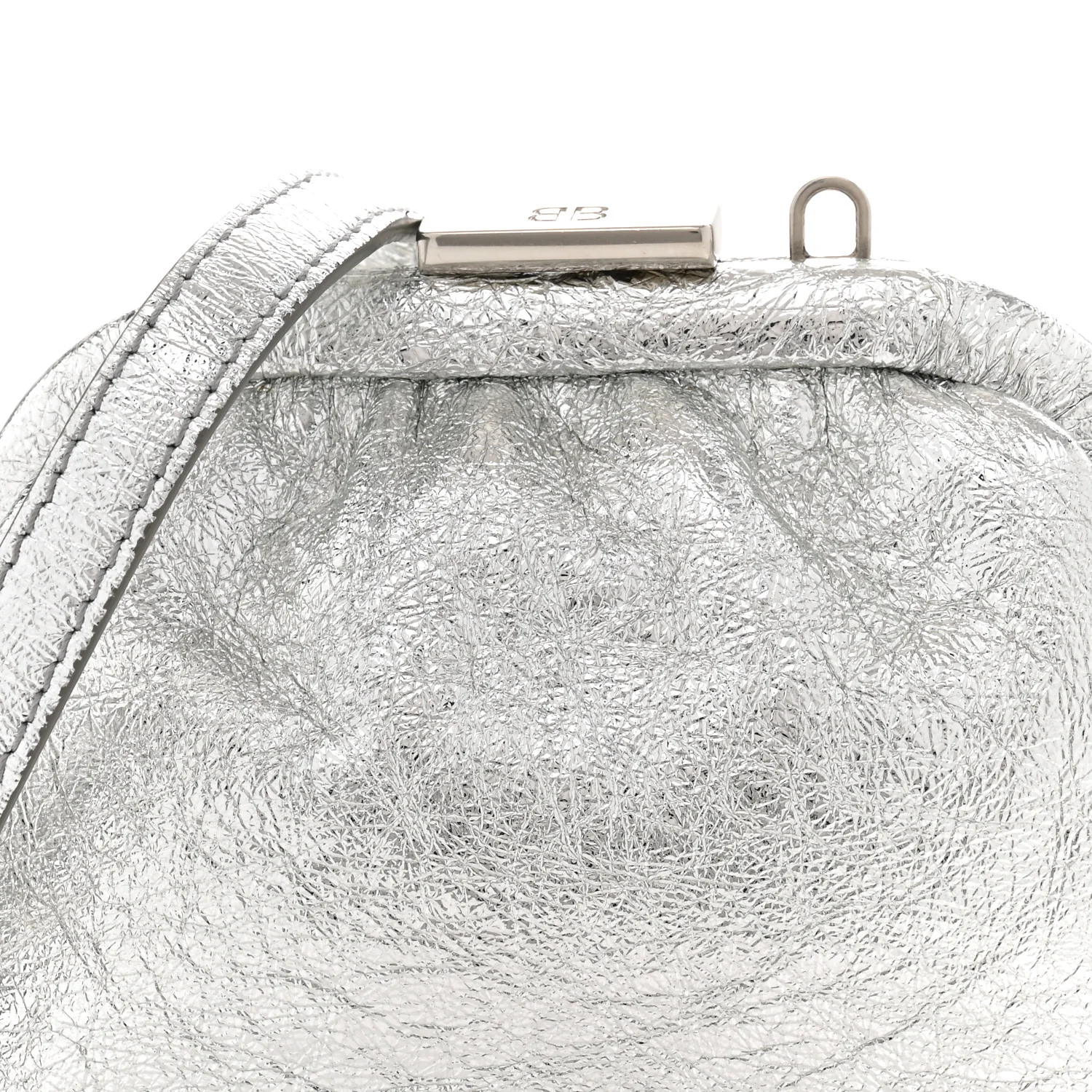 Metallic Textured Calfskin Logo Cloud Coin Purse With Strap Silver - Top Club