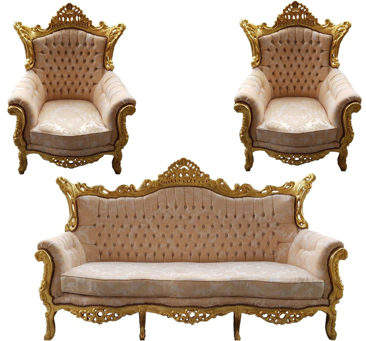 Baroque living room set Master cream pattern / gold with bling bling glitter stones - 3-seater sofa + 2 armchairs - Limited Edition!