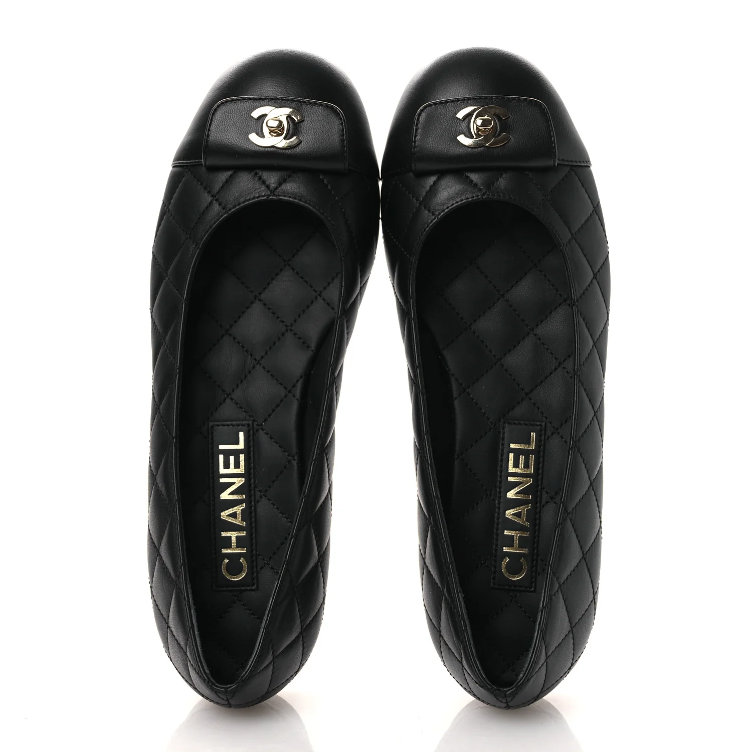 Calfskin Lambskin Quilted CC Cap Toe Ballerina Flats 37 Black