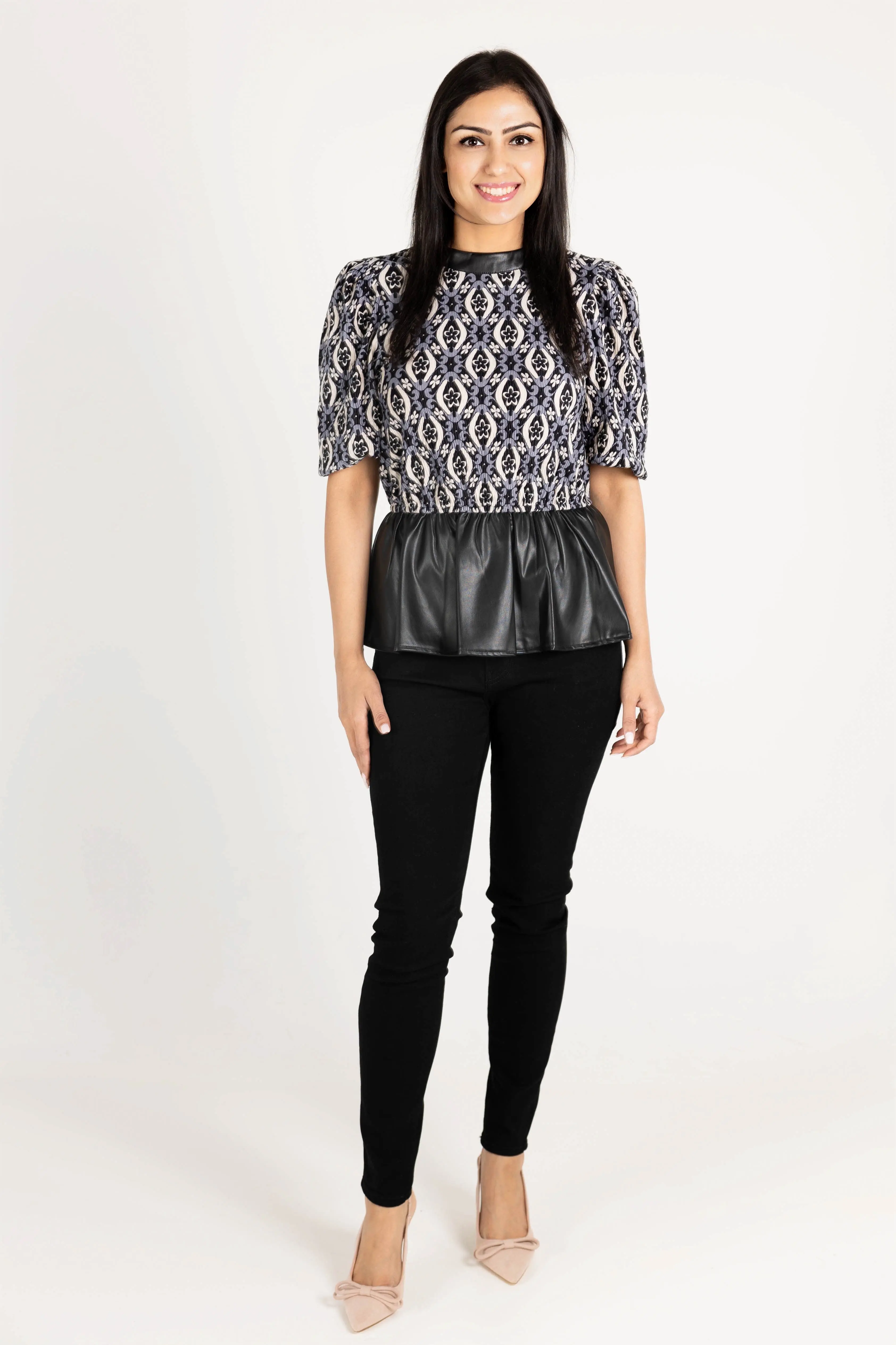 Last Night Vegan Leather Detail Peplum Top - ALJEGJ