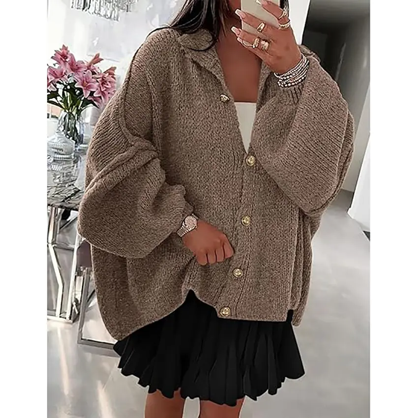 PrettyGarden Women's Winter Button Down Cardigan Sweaters Mock Neck Lantern Long Sleeve Chunky Knit Jacket Trendy Outerwear