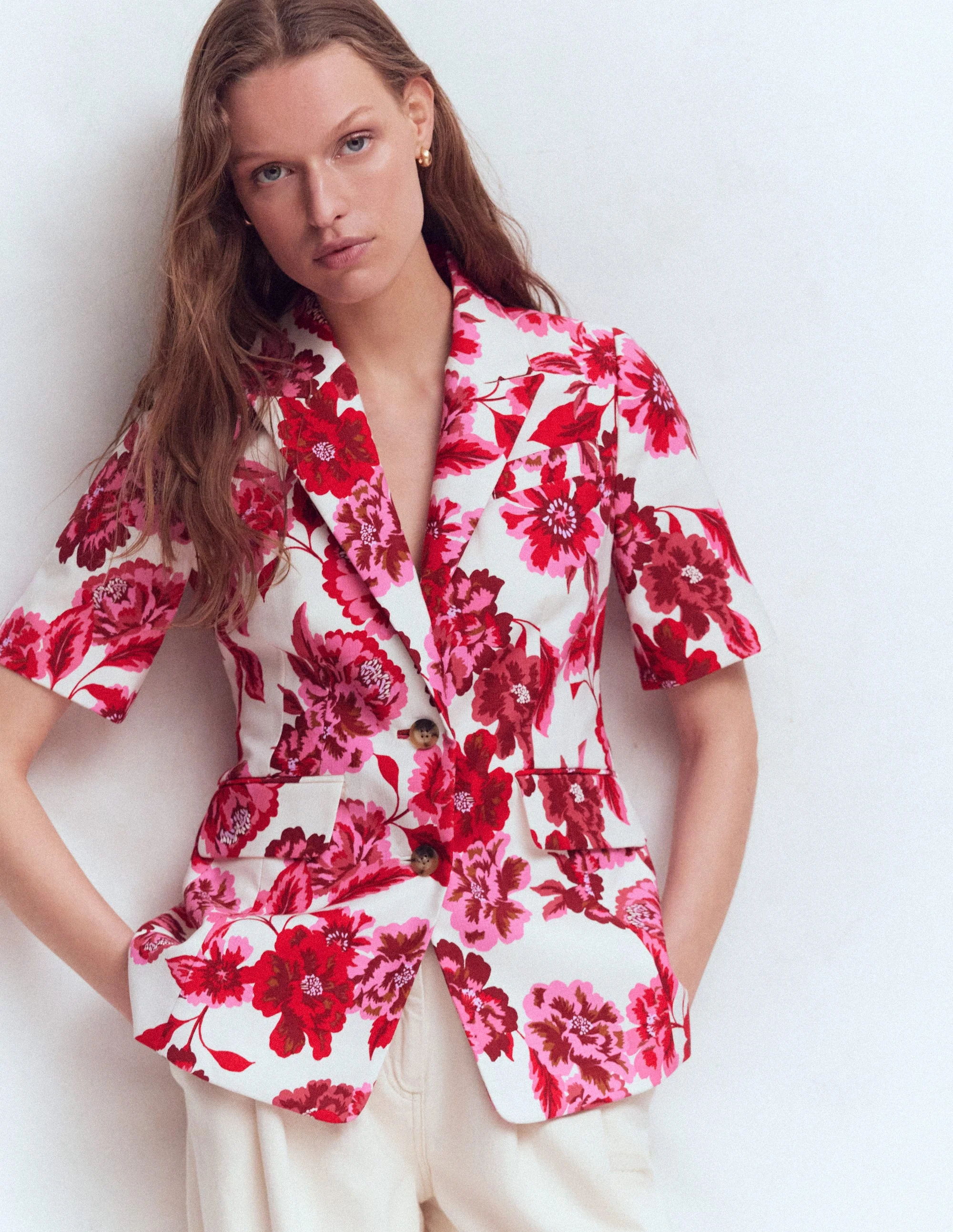 Kurzärmliger Baumwollblazer-Sangria Sunset Pink, Blumenmuster