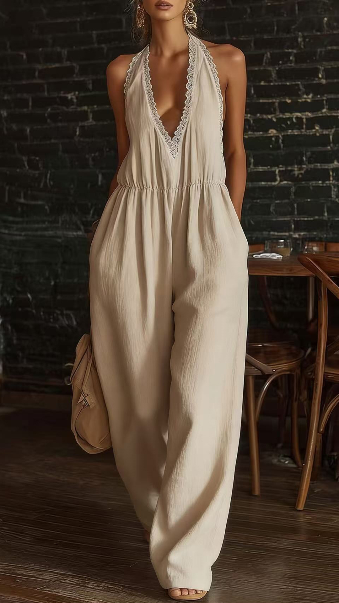 Women's Linen-Cotton Lace Halter Wide-Leg Jumpsuit - Nordfashionstorm - Women's Clothing, Fashion for You - Nordfashionstorm.com