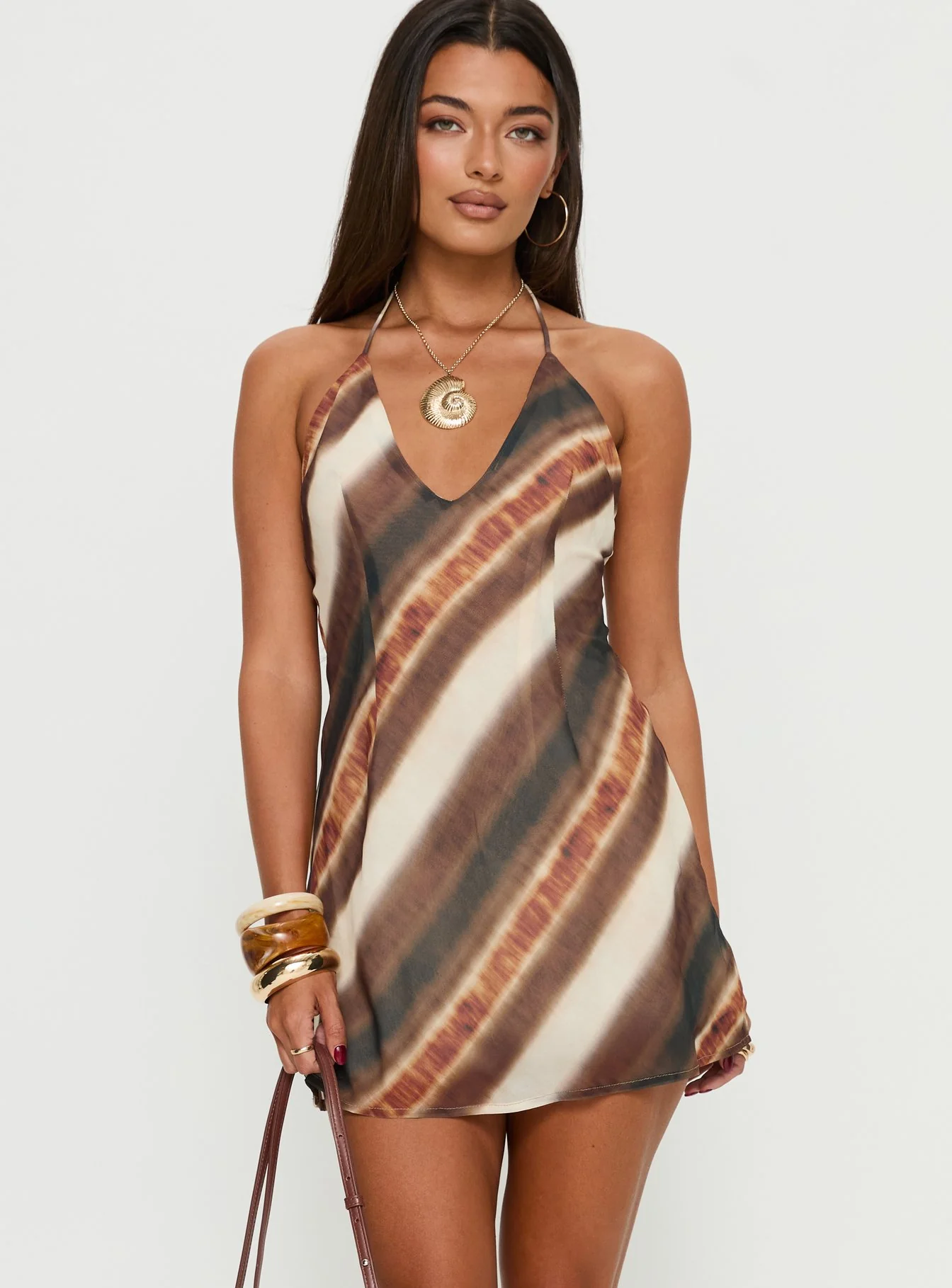 Esmira Halter Mini Dress Brown Stripe