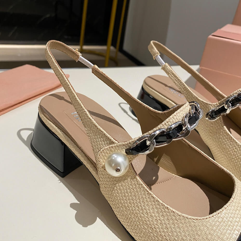 MIUMIU Patent leather and raffia slingback pumps - Top Club