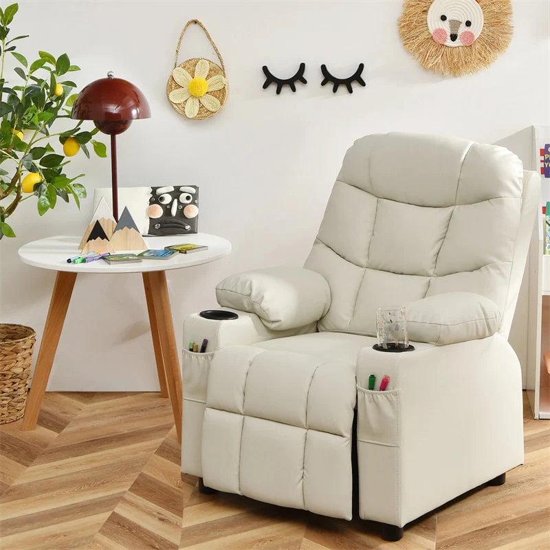 Kids Recliner Chair PU Leather Adjustable Lounge Sofa with Cup Holder, 3 Pockets & Retractable Footrest, Ergonomic Toddler Furniture Sofa
