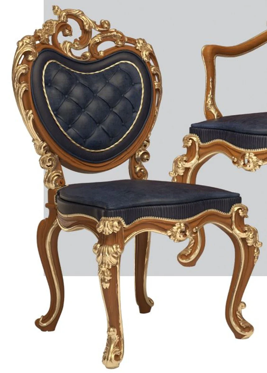 Luxury Baroque Dining Room Chair Set Dark Blue / Brown / Gold 57 x 62 x H. 105 cm - Magnificent Kitchen Chairs Set of 6 - Hotel Restaurant Castle Furniture - Luxury Quality - Made in Italy