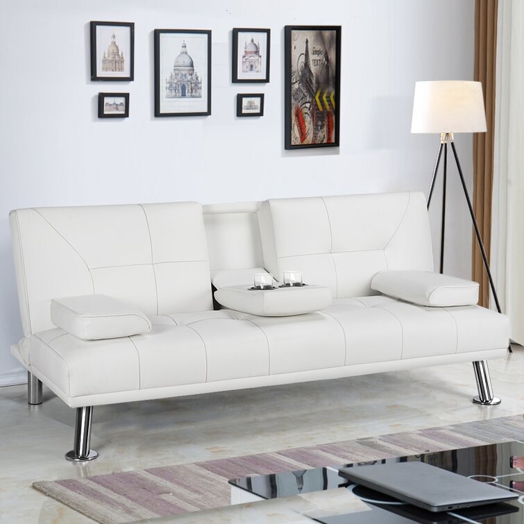 Janni 66''' Wide Faux Leather Cushion Back Convertible Sofa with Cup Holder