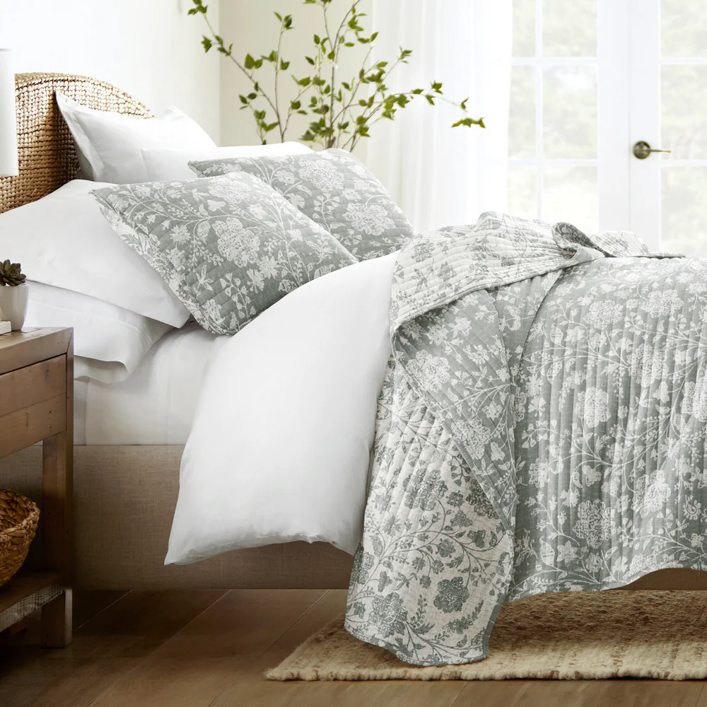 Textured Floral Reversible Quilted Coverlet Set - Sale