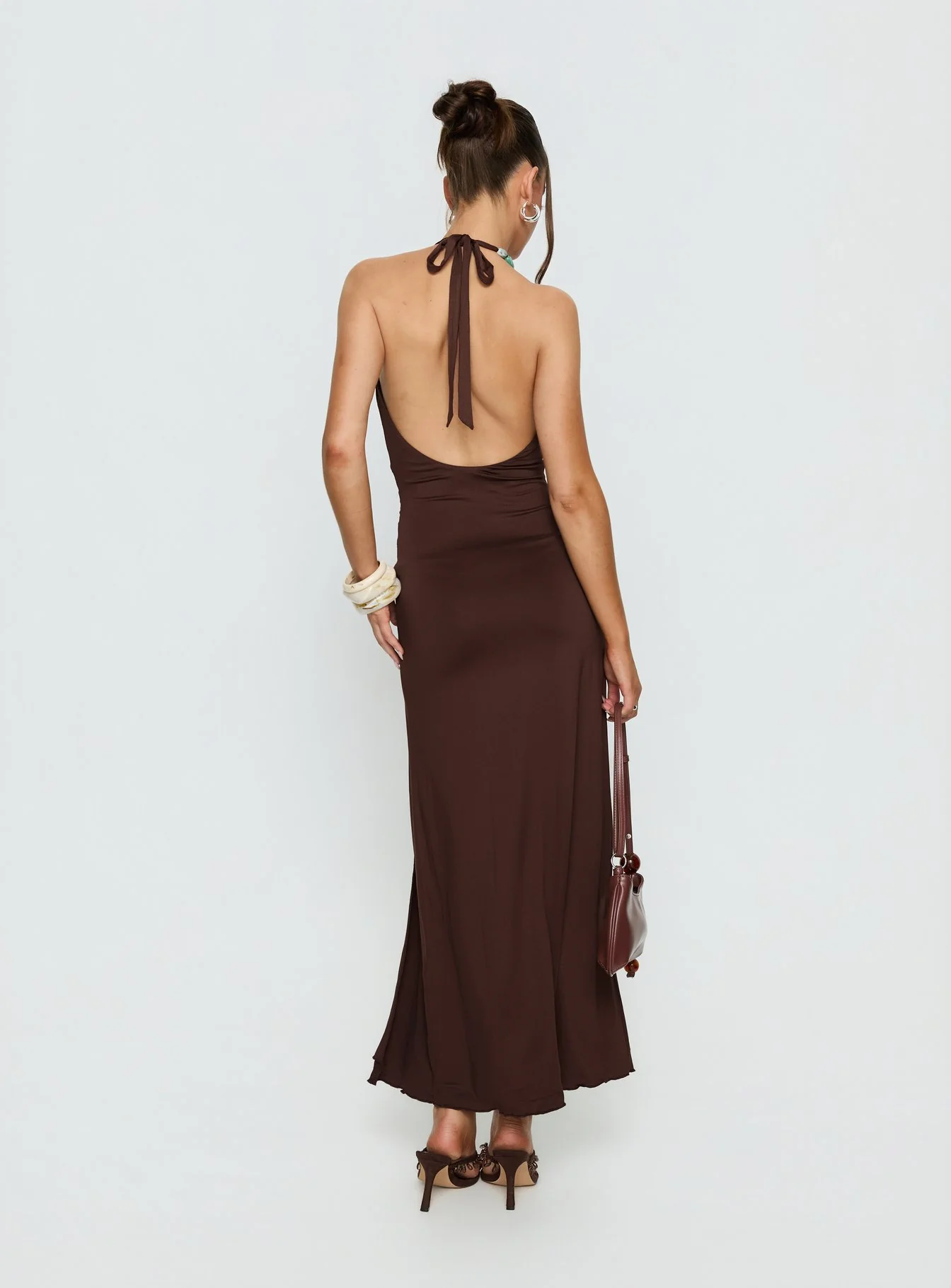 Sasami Halter Plunge Maxi Dress Chocolatae