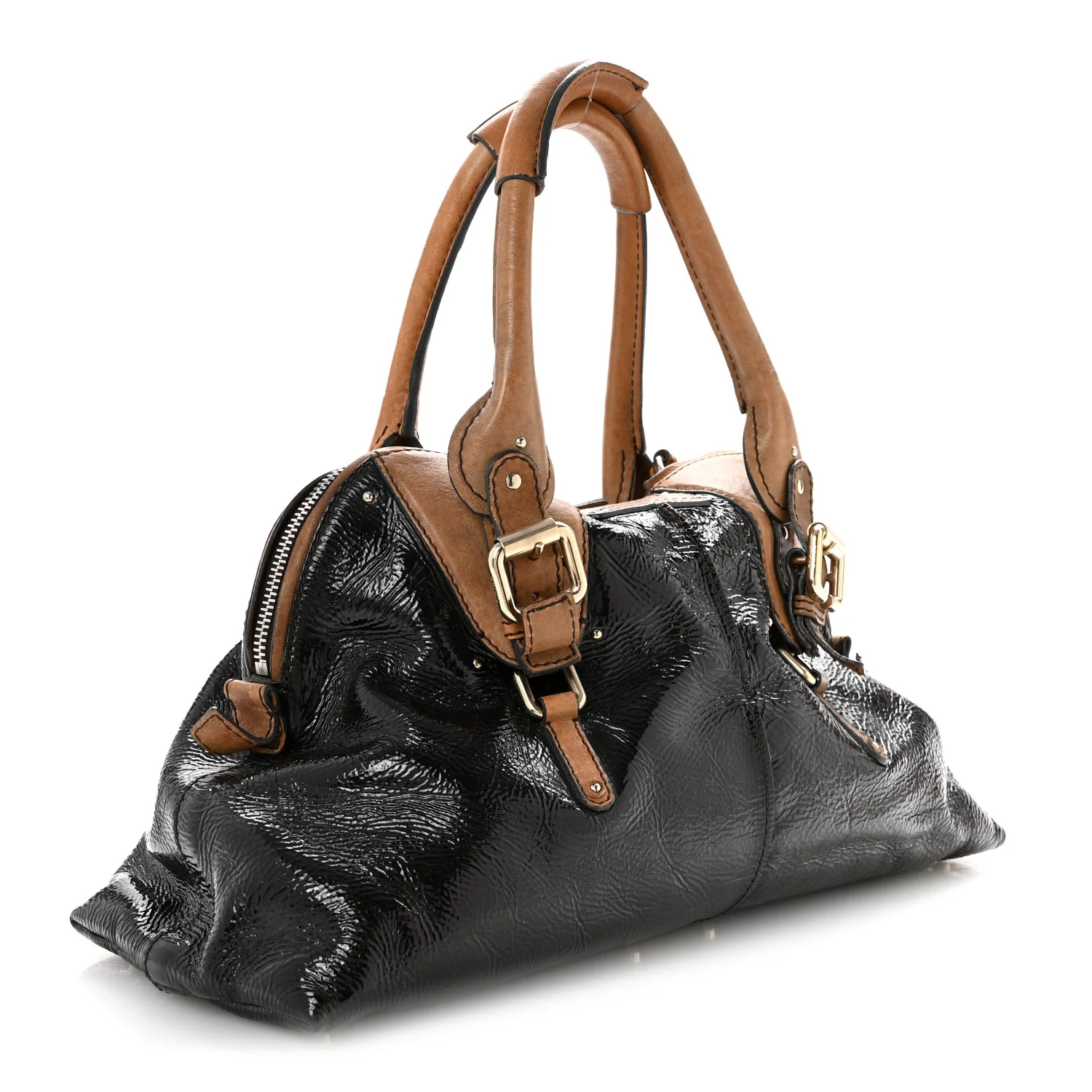 Patent Lambskin Medium Paddington Satchel Dark Brown - Top Club