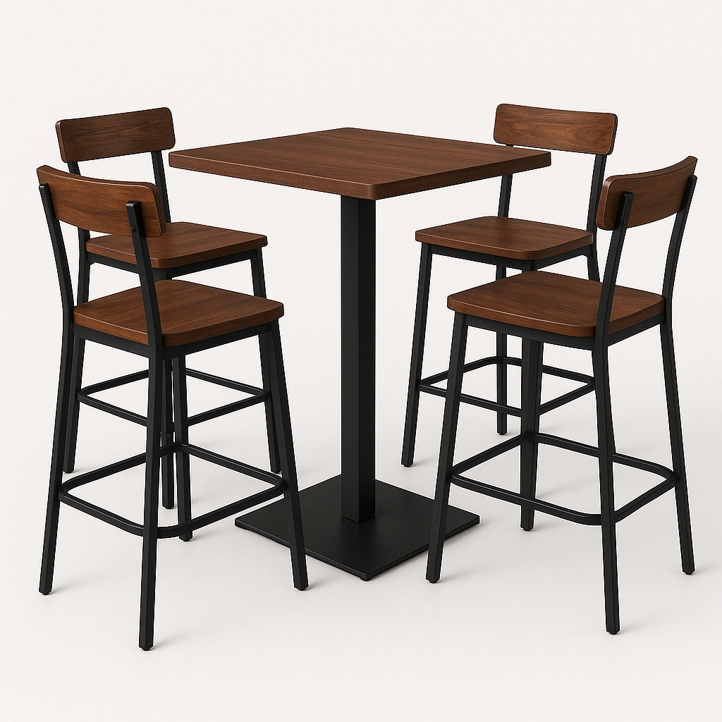 Bar table with stools, dark wood/metal, for indoor use