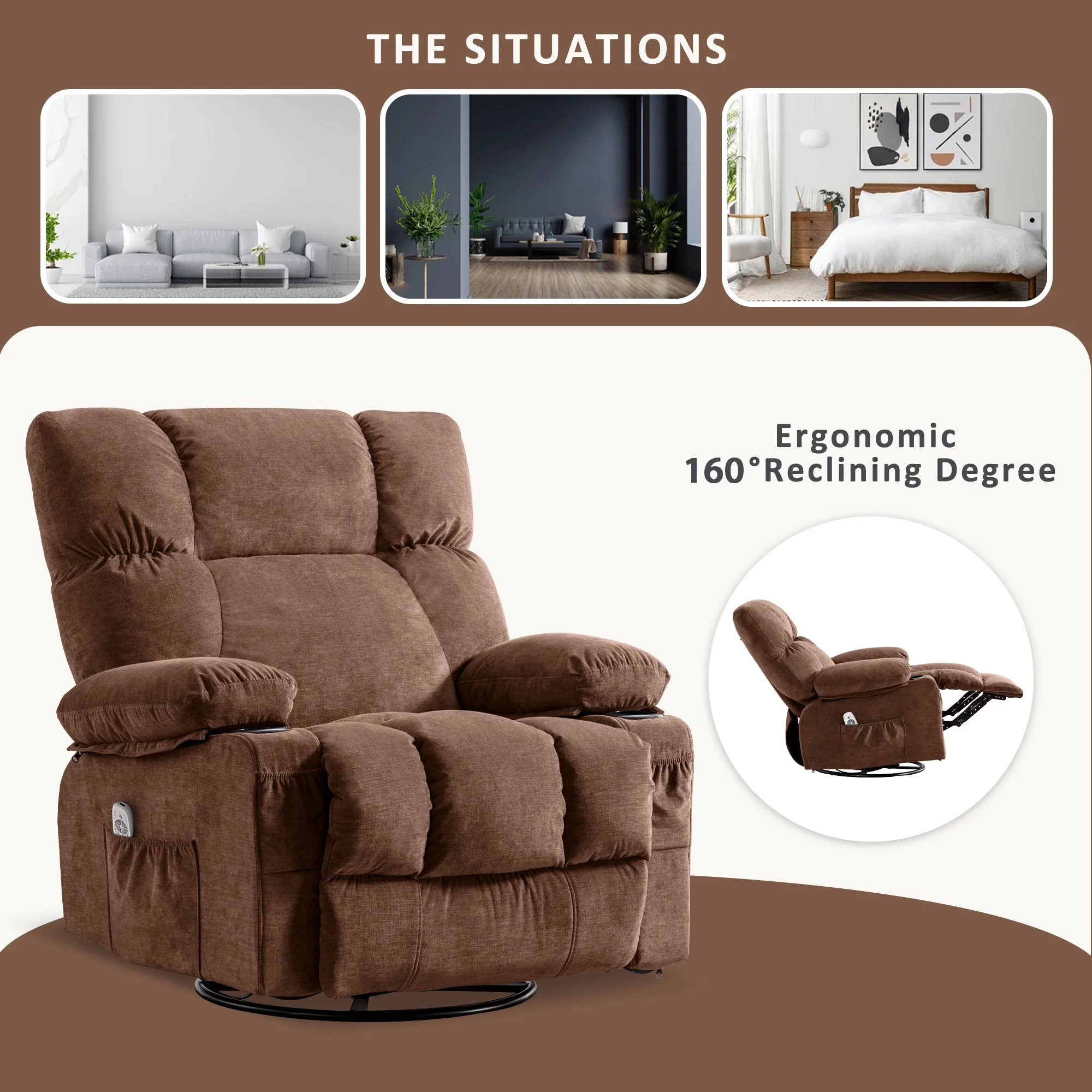 JONPONY Manual Recliner Chair with Heat Therapy and Massage Function, Heavy Duty Reclining Mechanism Massage Chair, Elderly Single Rocker Sofa with Cup Holders for Bedroom Home Theater, Grey