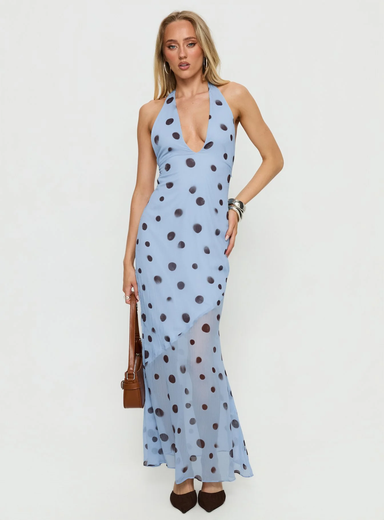 Oralee Halter Sheer Maxi Dress Blue / Polka Dot
