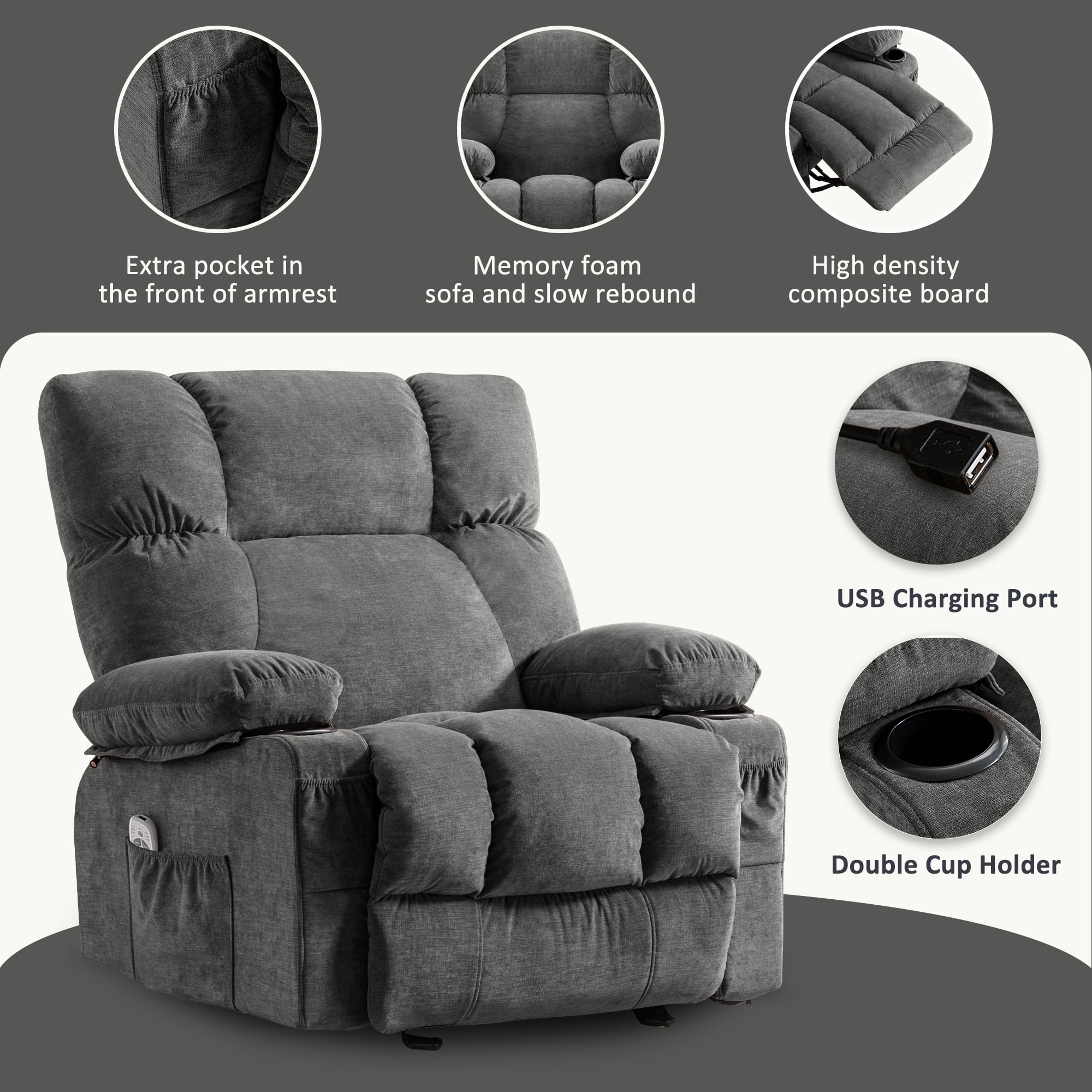 JONPONY Manual Recliner Chair with Heat Therapy and Massage Function, Heavy Duty Reclining Mechanism Massage Chair, Elderly Single Rocker Sofa with Cup Holders for Bedroom Home Theater, Grey