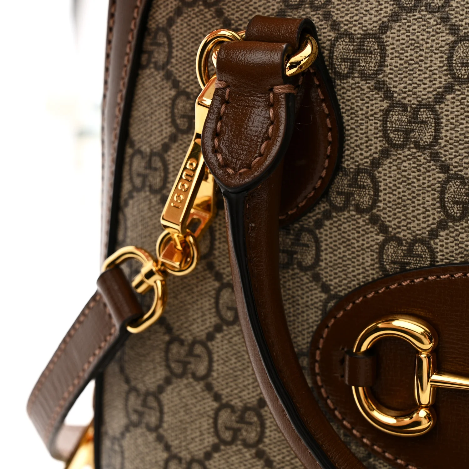 GG Supreme Monogram Azalea Calfskin Small Horsebit 1955 Top Handle Bag Beige Ebony Brown Sugar - Top Club