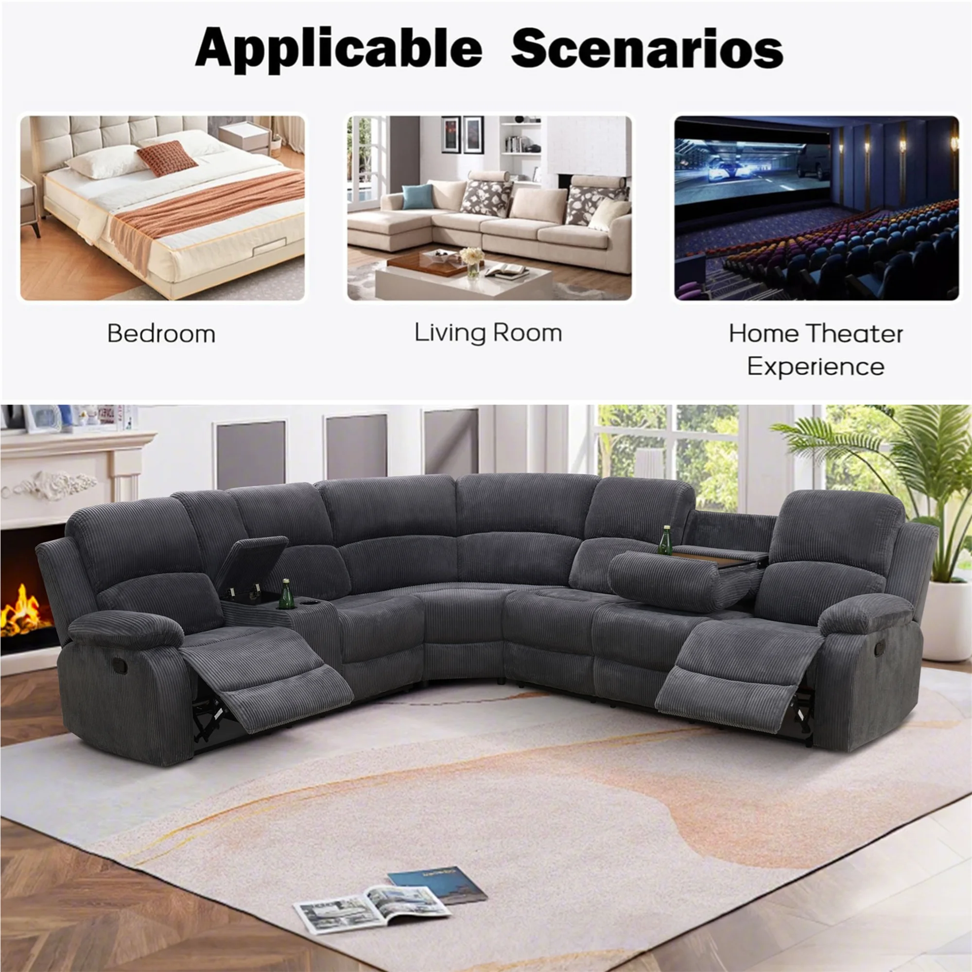 Aukfa 3 - Piece Recliner Sofa Set, 6 Seat Sectional Couch with Cup Holders&Storage Console, Gray